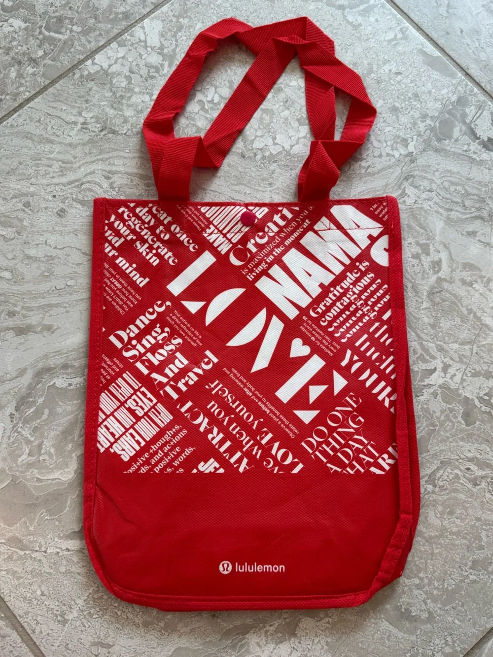 NWT Lululemon Red Graphic Tote Bag with White Print, Small